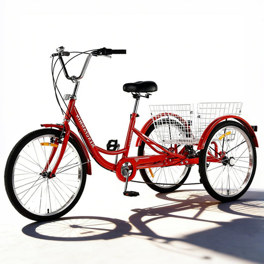 Adult Tricycle 7 Speed, 24 Inch 3 Wheel Trike Load 550lb,with Rear Basket,for Women，Seniors Picnic Exercise Shopping (RED)