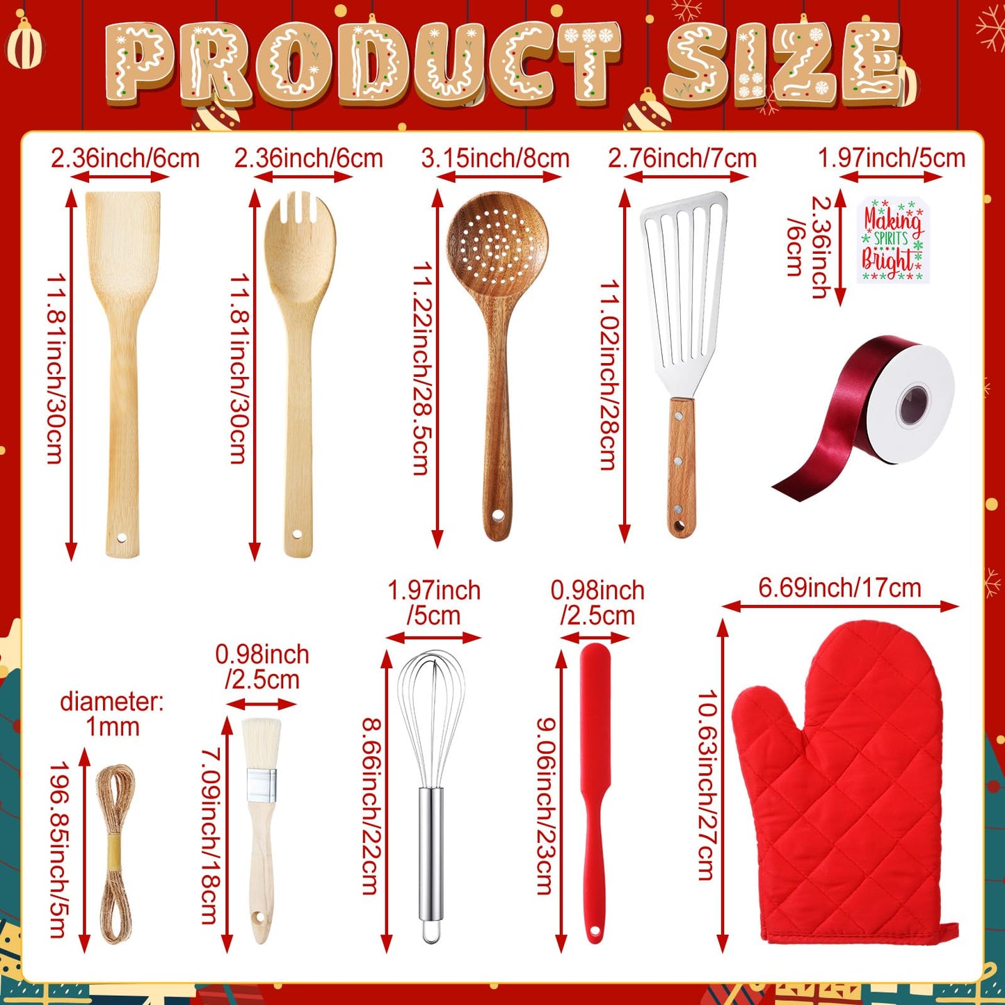 Roshtia 9 Pcs Christmas Kitchen Gift Set Christmas Red Oven Mitts Xmas Supplies with Scrapers Whisks Spatulas Colanders for Xmas Party Decor Friends Family Baking Lover Presents