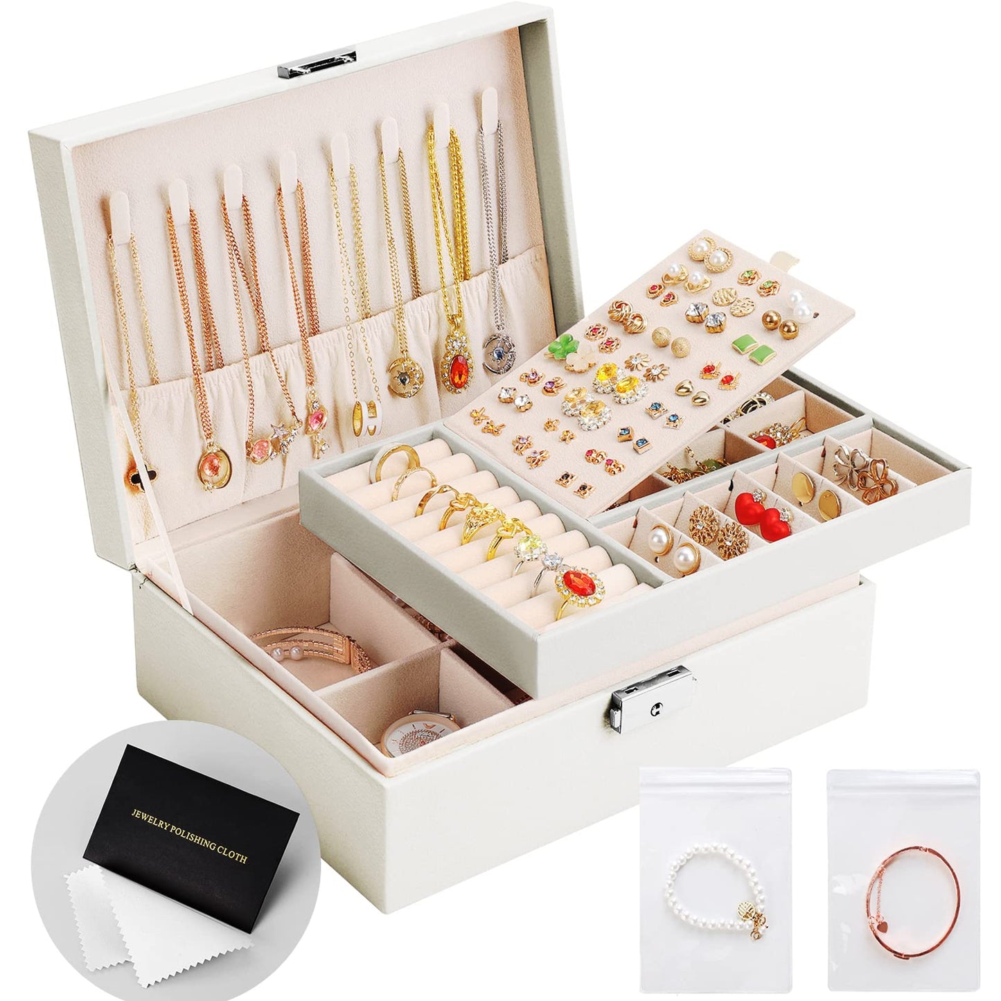 Jewelry Box Organizer for Women Girls 2 Layer Leather Travel Jewelry Storage Case with Lock and Removable Tray for Necklace Earrings Rings Bracelets Gift, Come with Polishing Cloth and Jewelry Bags