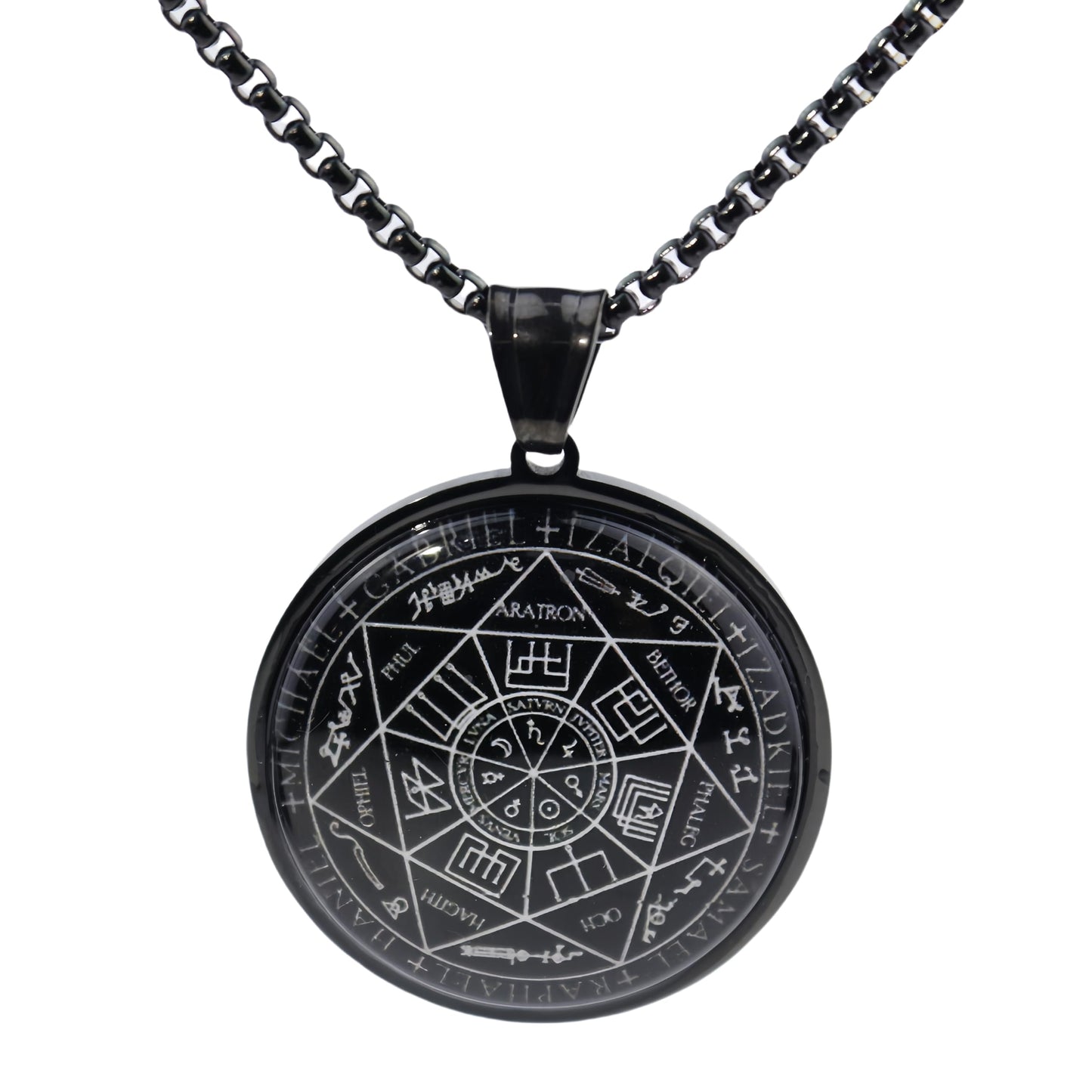 Joddfly Seven Angel Medal Pendant Stainless Steel Glass Solomon Talisman Necklace Guardian Jewelry Men and Women 24 inch Gift Set (black)