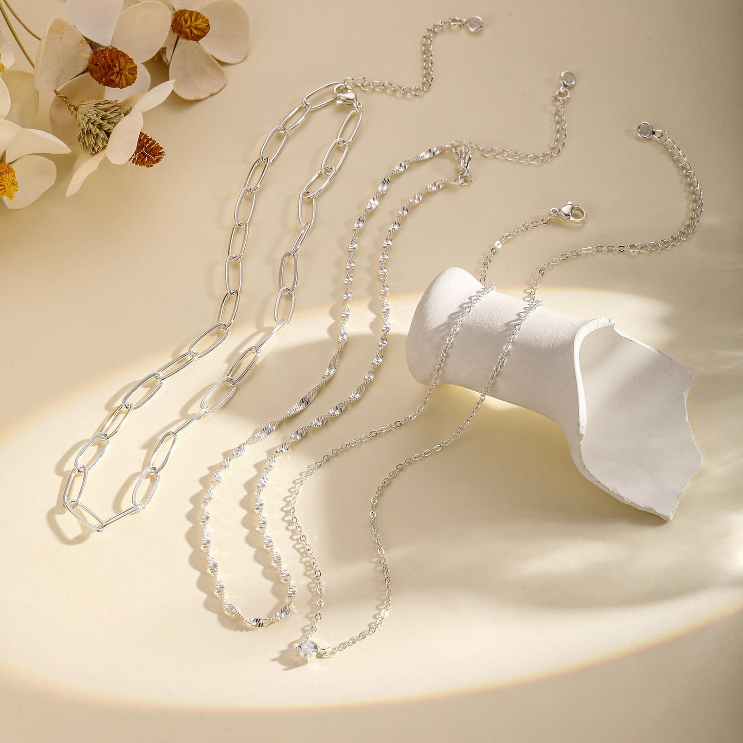 Hothrty Layered Gold/Silver Necklaces for Women 14K Gold Plated CZ Pendant Paperclip Choker Necklace Set Diamond Necklace Stack Trendy Simple Jewelry Gifts