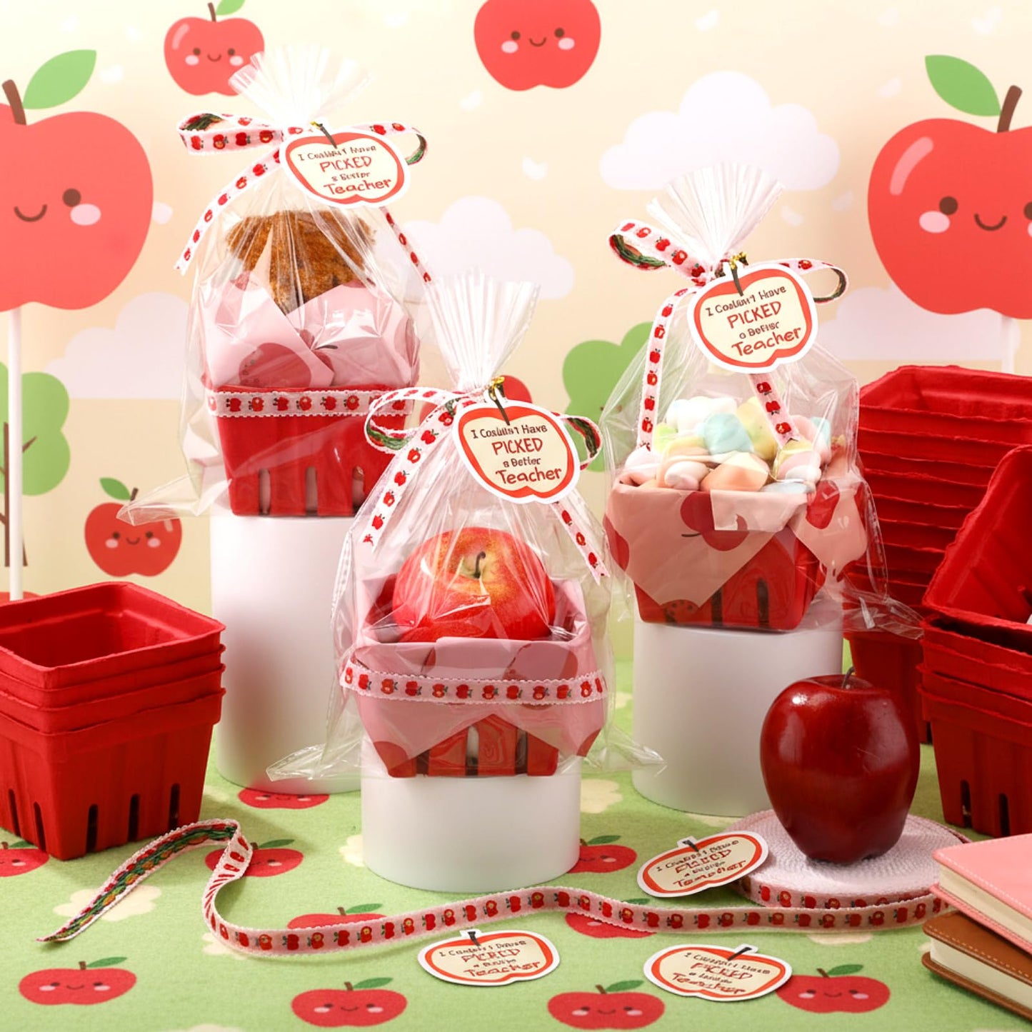Mimorou 24 Set DIY Teacher Appreciation Gift Basket Kit Mini Apple Treat Baskets Empty Bulk 4.3 Inch for Candy Snack Cookie, Small Thank You Teacher Gifts for End of Year Classroom Party Favors