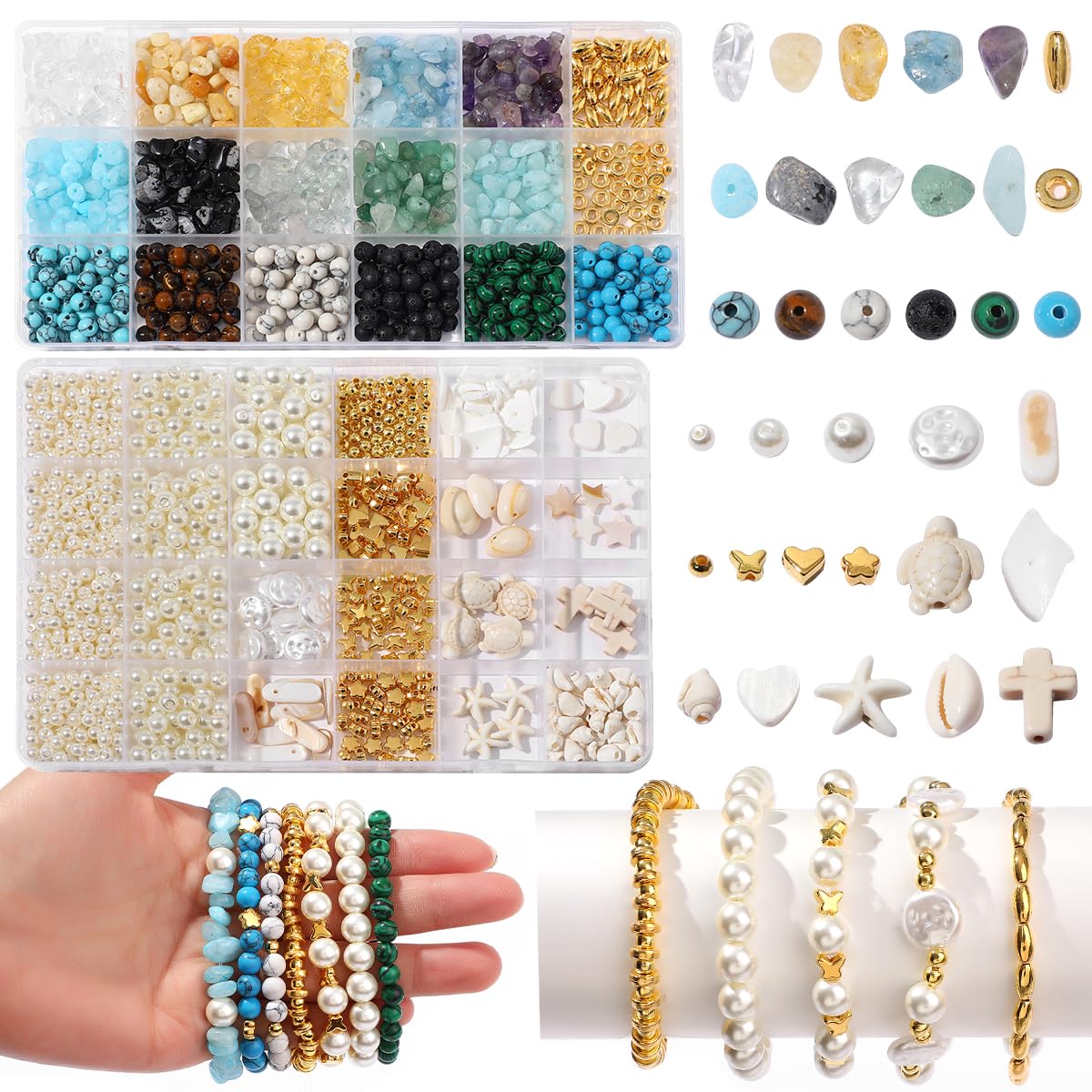 2100Pcs Jewelry Making Kit for Adults Women with Pearl Bead Crystal Beads Shell & Turquoise, 20 Colors Beads with Gold Bead Beading Kit for Bracelets, Necklace, Ring DIY Crafts Jewelry Making Kit