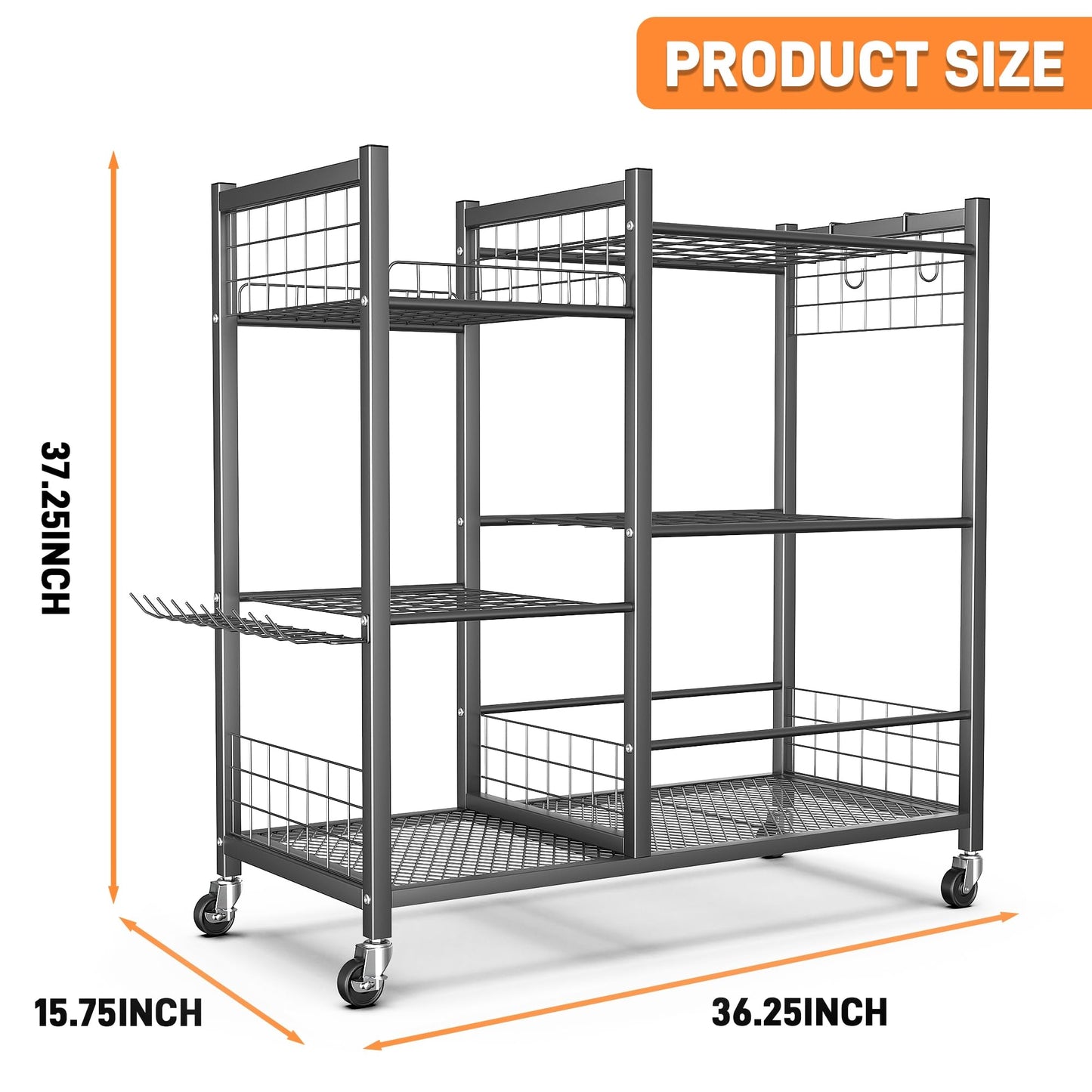 TORACK Garden Tool Stand with Wheels, Rakes Shovels Holder Yard Tools Organizer for Garage, Garden, Shed Indoor/Outdoor Long-Handled Tools Cart(Tool stand with side shelves)
