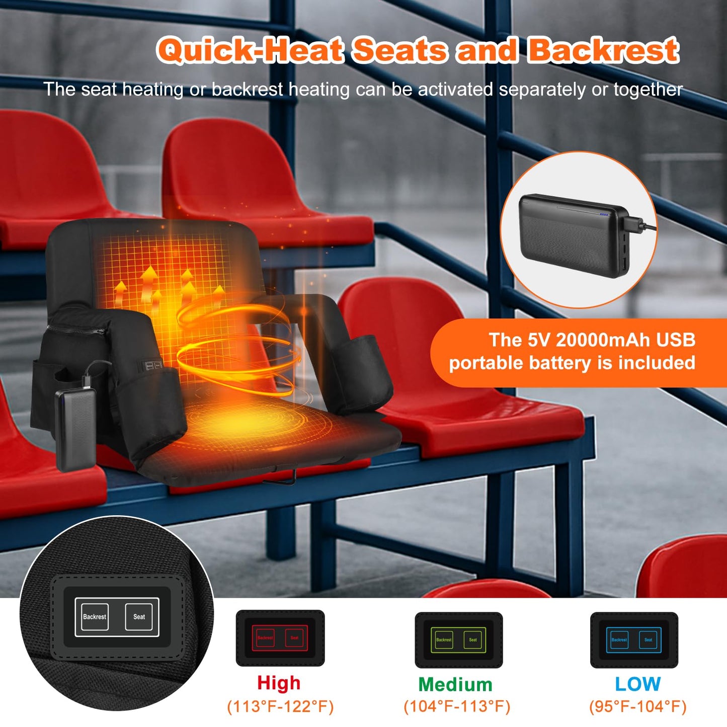 Moteoza Heated Bleacher Seat with Backrest with 5V 20000mAh Battery Heated Stadium Seats for Bleachers with Back Support Wide 25" Heated Stadium Chair 6 Reclinng Positions 3 Heating Levels 2PCS