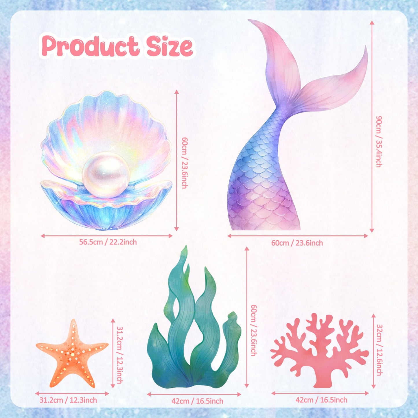 CORALMEE 5 Pcs Large Under the Sea Party Decorations Mermaid Birthday Decorations, Ocean Theme Party Supplies Mermaid Tail Shell Starfish Seaweed Coral Stand Up Cardboard Cutouts for Baby Shower