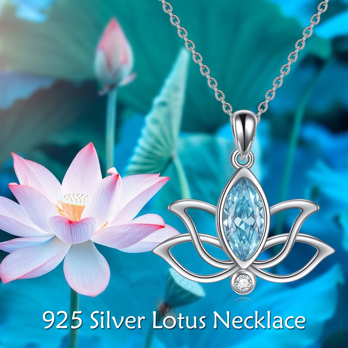 YFN Lotus Necklace Sterling Silver March Birthstone Pendant Created Aquamarine Jewelry Gifts for Women (Mar)