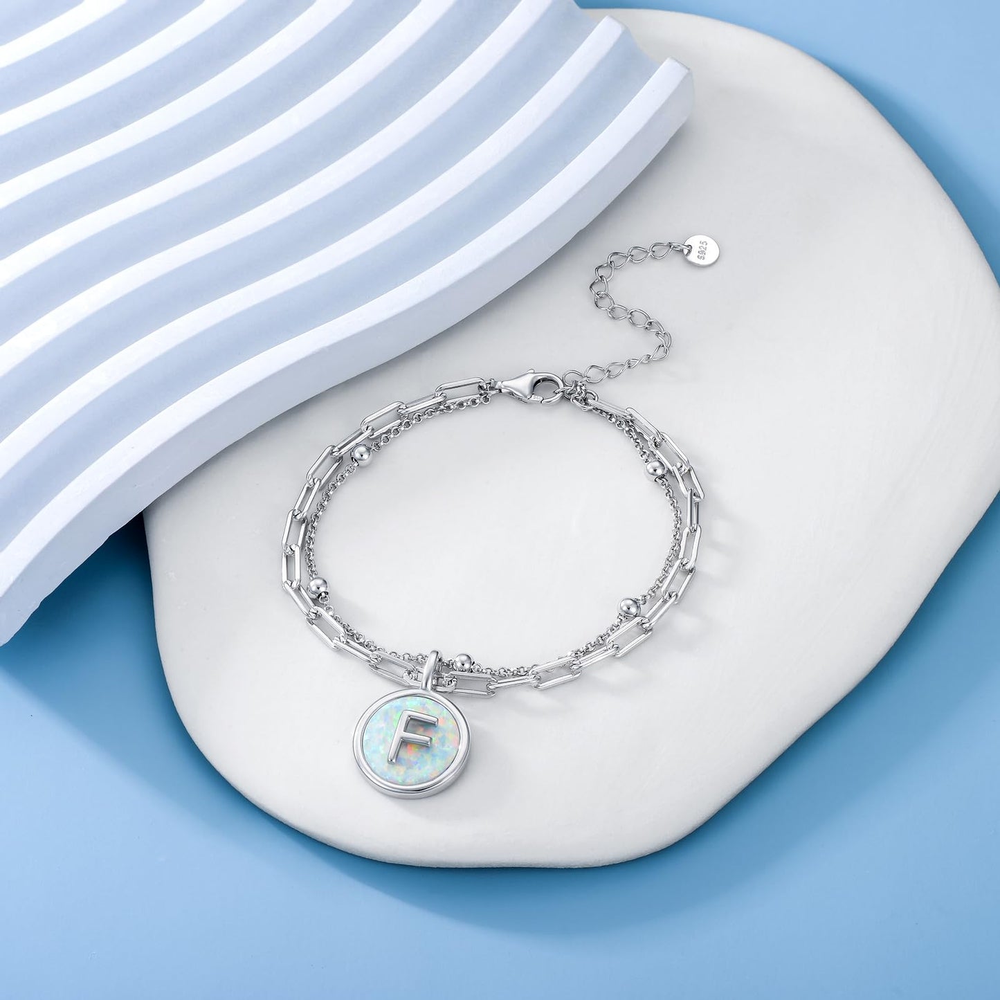 LWQQWL Initial F Bracelet for Women 925 Sterling Silver Layered Initial Bracelet Opal Letter 26 Alphabet Jewelry Christmas Gifts