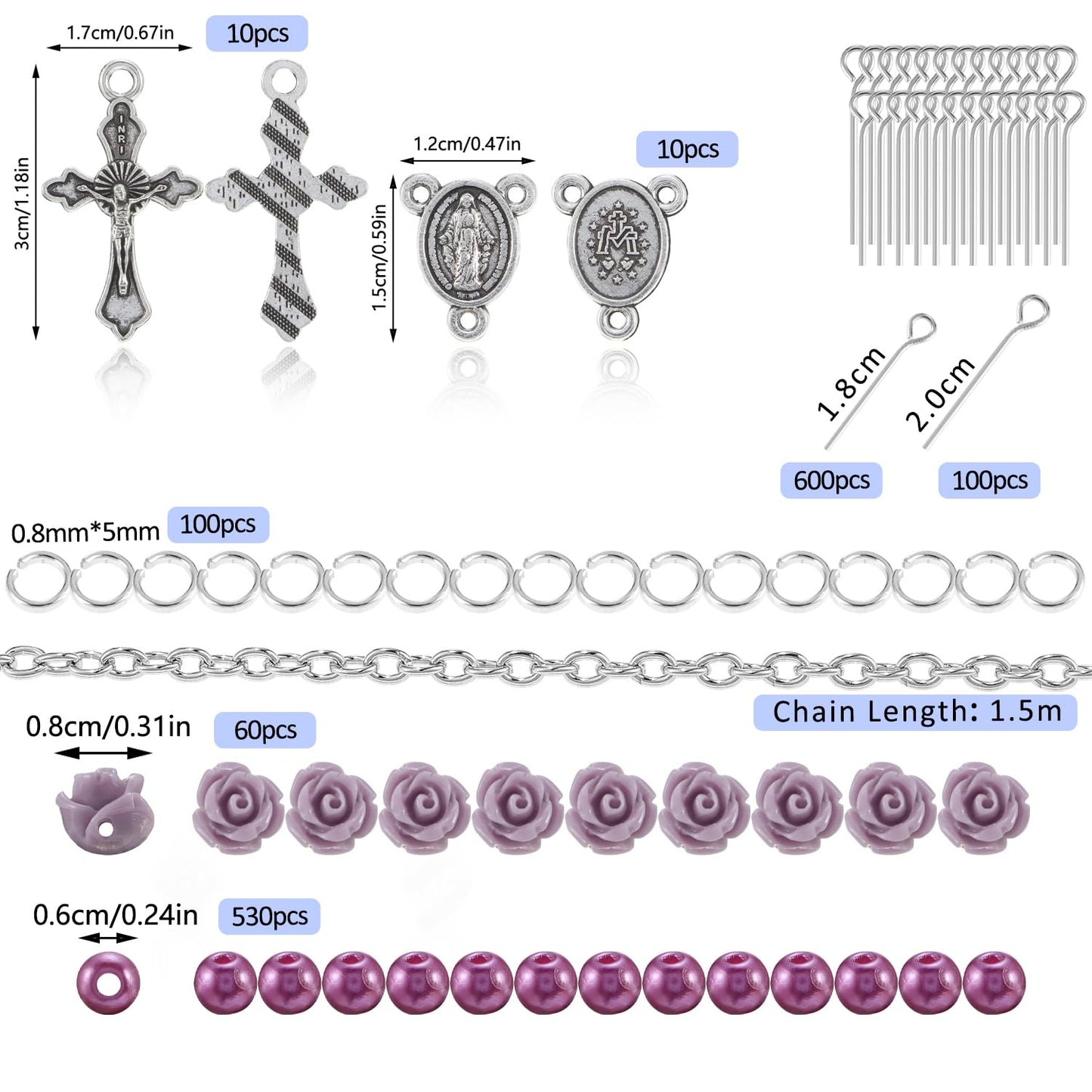 OEMOO 1410PCS Rosary Jewelry Making Kit Rosary Prayer Making Supplies Carved Rose Beads Cross Centerpiece Crucifix Medal, Silver Jesus Maria Pendant for Rosary Bracelet Necklace Jewelry (Purple)