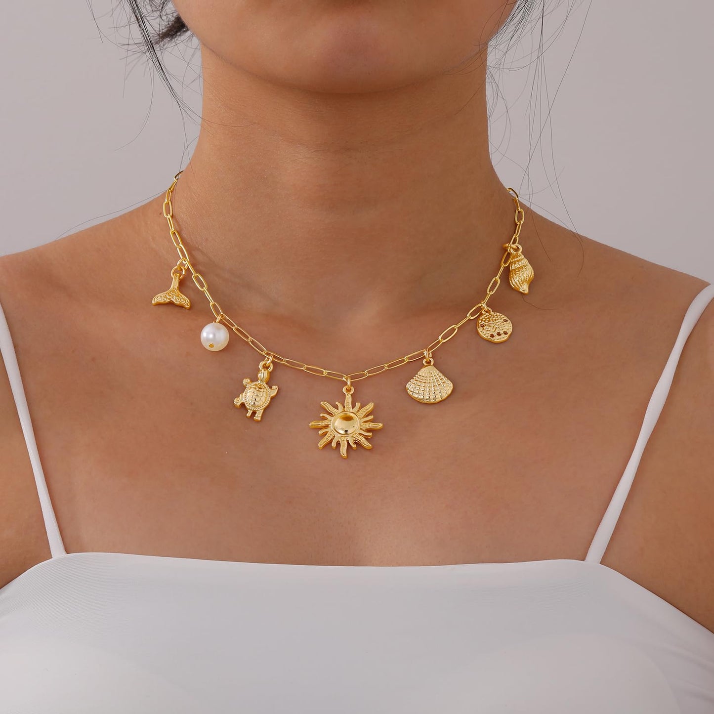 Lydow Charm Necklace for Women, Shell Beach Summer Sun Starfish Turtle necklace Pendant Seashell Boho Jewelry Gifts Chain Beachy Paperclip Her
