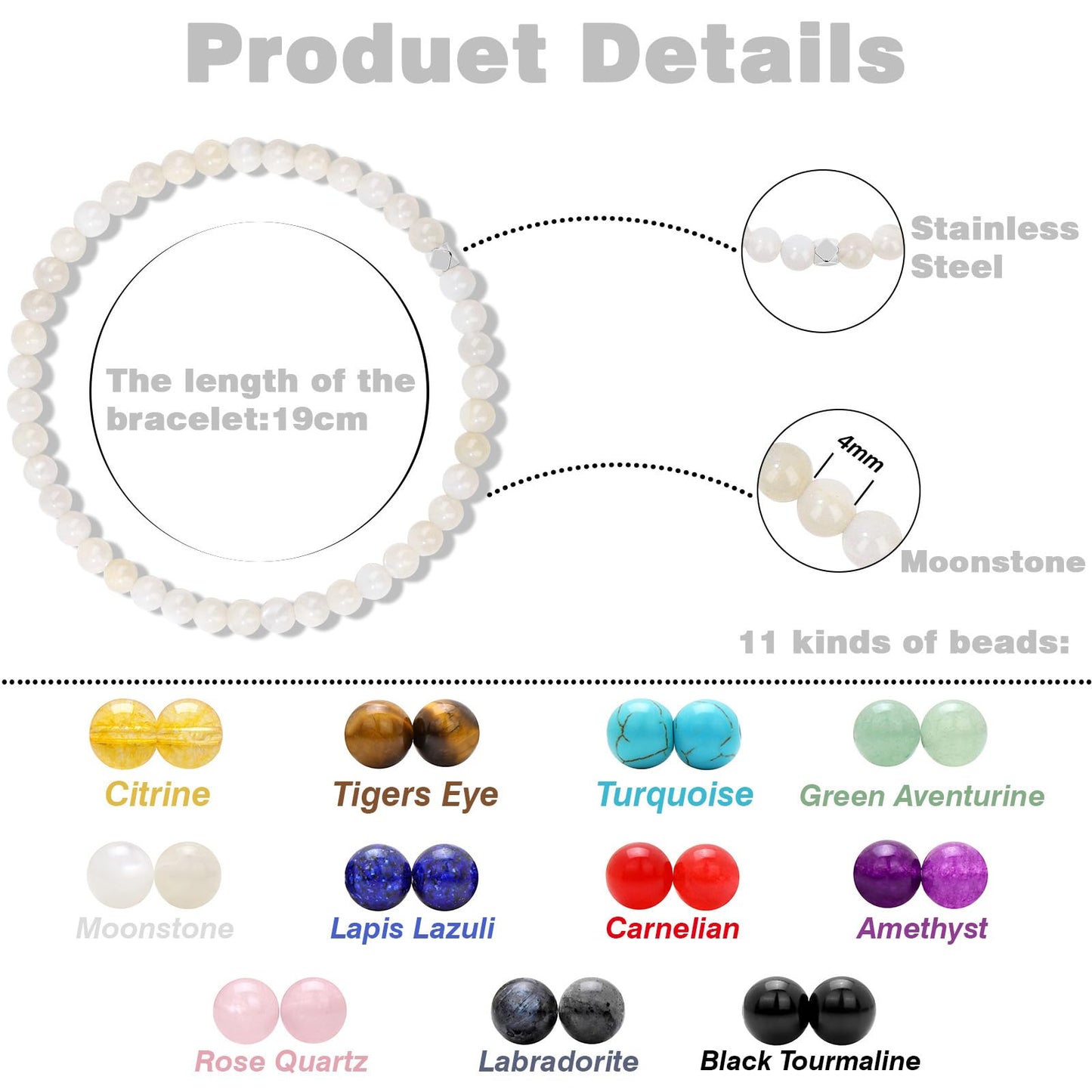 Raicegs 4MM Moonstone Beaded Bracelets Healing Crystal Bracelet for Women Men Natural Stone Handmade Stretch Bracelet Reiki Spiritual Jewelry