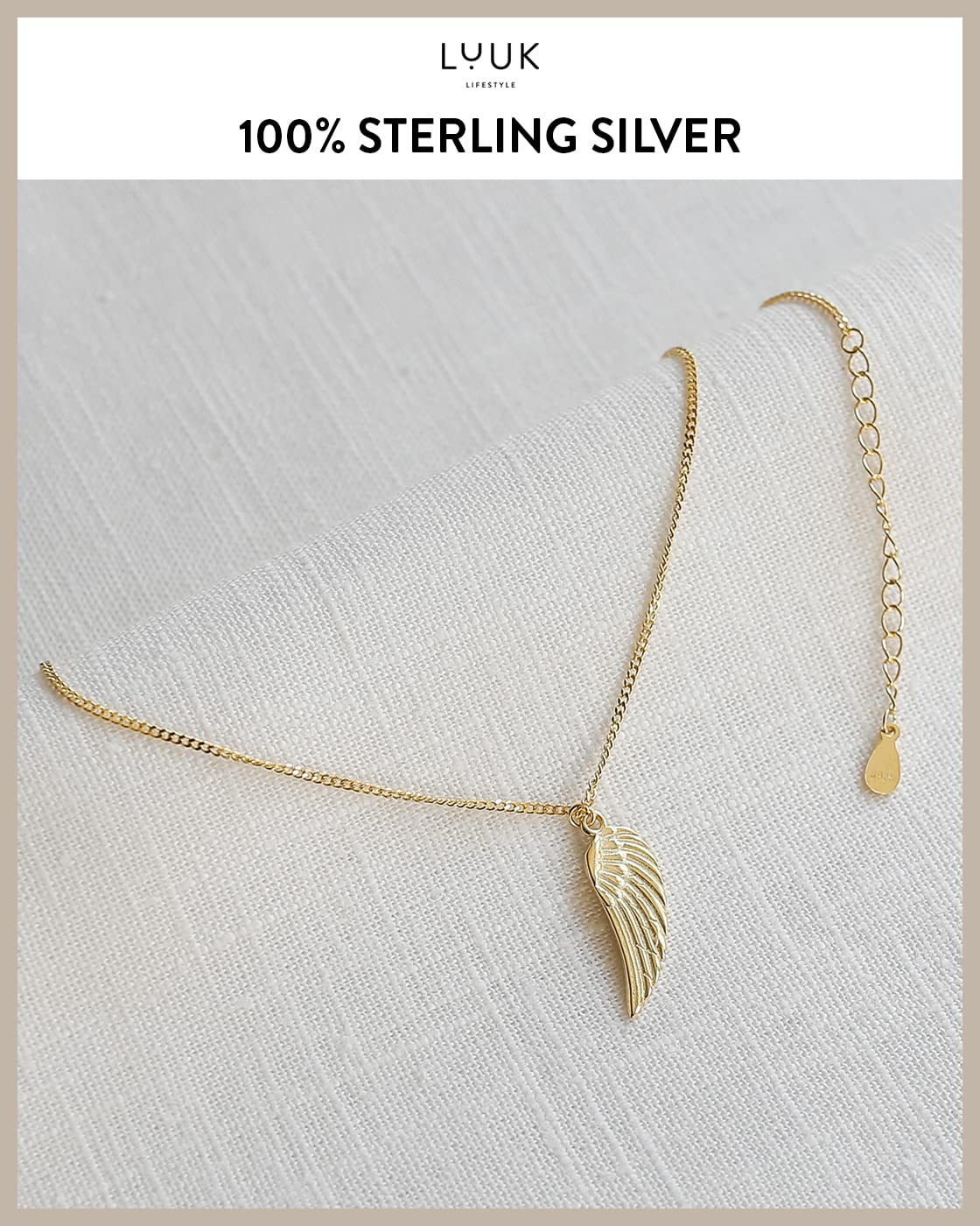 LUUK LIFESTYLE Necklace with angel wings pendant and HAPPINESS gift card, 925 sterling silver, fashion jewelry for everyday life, beach, water resistant, trendy boho design, 19” chain length, gold