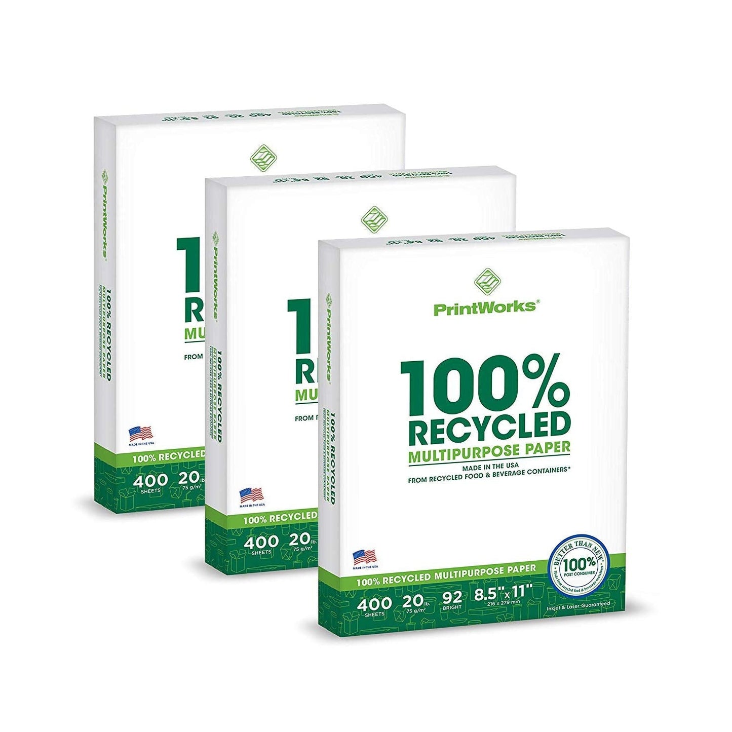 PrintWorks 100% Recycled Printer Paper 8.5" x 11" White - 20 lb Copy & Multipurpose Computer Paper - 1 Pack, 400 Sheets - Made in the USA - 92 Bright - Printer & Copier Compatible (00018)