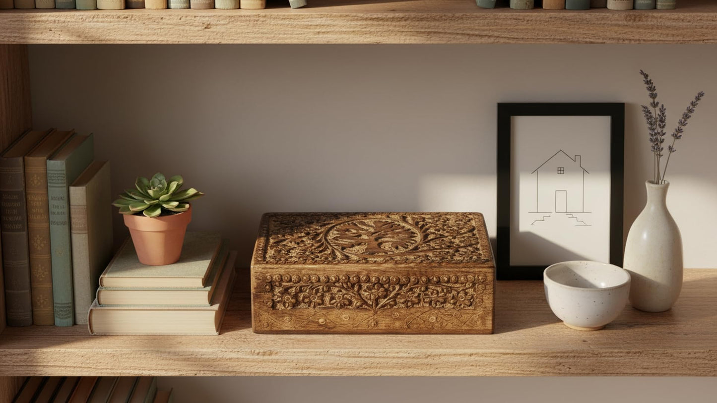 Great Birthday Gift Handmade Decorative Wooden Jewelry Box With Tree Of Life Carving Jewelry Organizer Keepsake Box Treasure Chest Trinket Holder Watch Box Storage Box Housewarming Gifts (Natural)