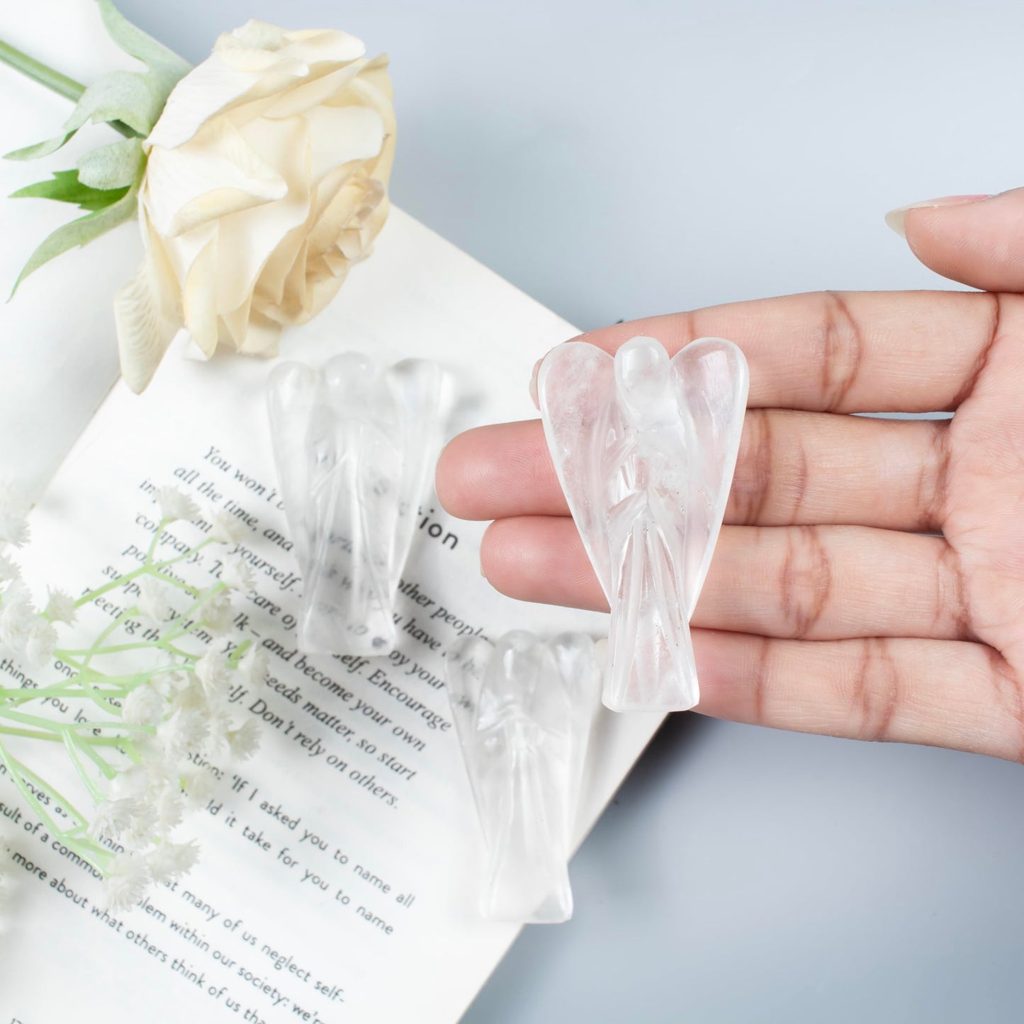 "Clear Quartz Gemstone Pocket Angel Healing Figurine, Hand Carved Guardian Angel - Crystals for Positive Energy, Handmade Mini Statue for Love, Peace & Healing, Natural Gemstone Healing Figurine"