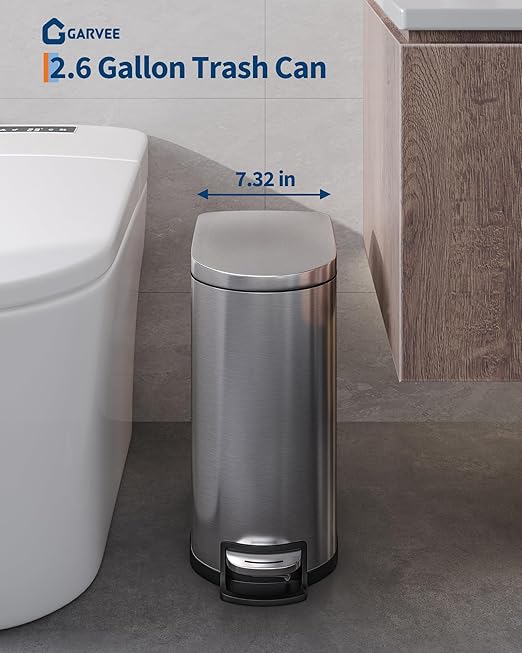 GarveeHome 2.6 Gallon Bathroom Trash Can, Space-Saving Slim Stainless Steel Step-On Garbage Bin with Soft Close Lid, Removable Inner Bucket for Bathroom & Bedroom, Silver
