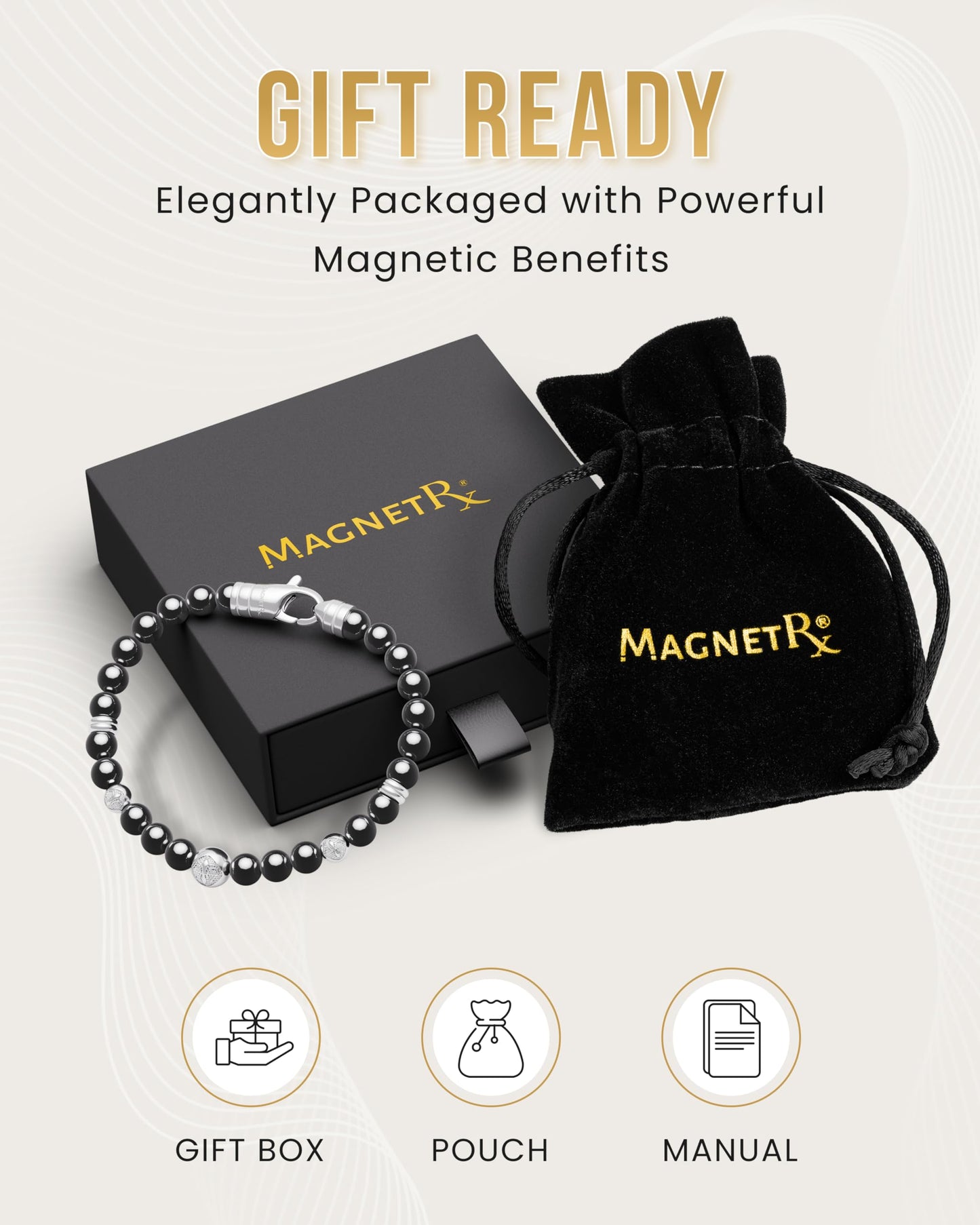 MagnetRX® Hematite Magnetic Bracelet – Max Strength Magnet Stones with Stainless Steel Charms – Elegant Magnetic Hematite Beaded Bracelets for Men (Armory | Medium)