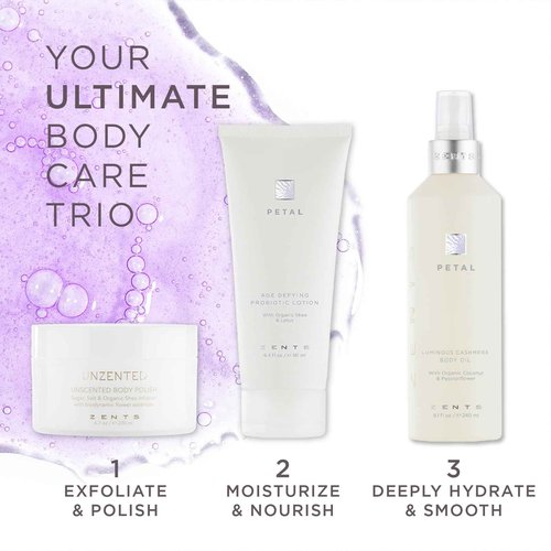 Zents Body Lotion and Cashmere Oil Set (Petal), Anti-Aging Probiotic Lotion, Soften and Moisturize Skin with Organic Coconut Oil, Moisturize and Nourish Dry Skin, Powerful Healing Duo