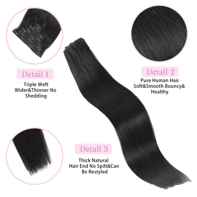 Clip in Hair Extensions Real Human Hair Jet Black 16 inch 7pcs 70g/Pack, Human Hair Clip in Extensions, Salon-Grade Quality, Easy Comfort Wear for Women (#1, 16 inch)