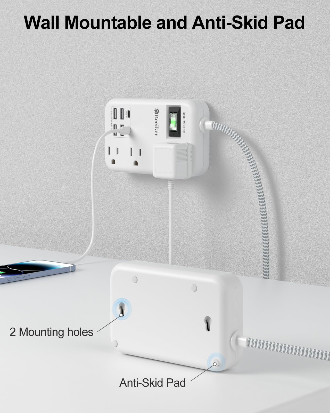 6 USB(2 USB C) Surge Protector Power Strip- 5Ft Travel Power Strip with 4.8A USB Charging Station and 4 Extendable Outlet, 13A Flat Plug Braided Extension Cord with Wall Mount for Travel Office Dorm