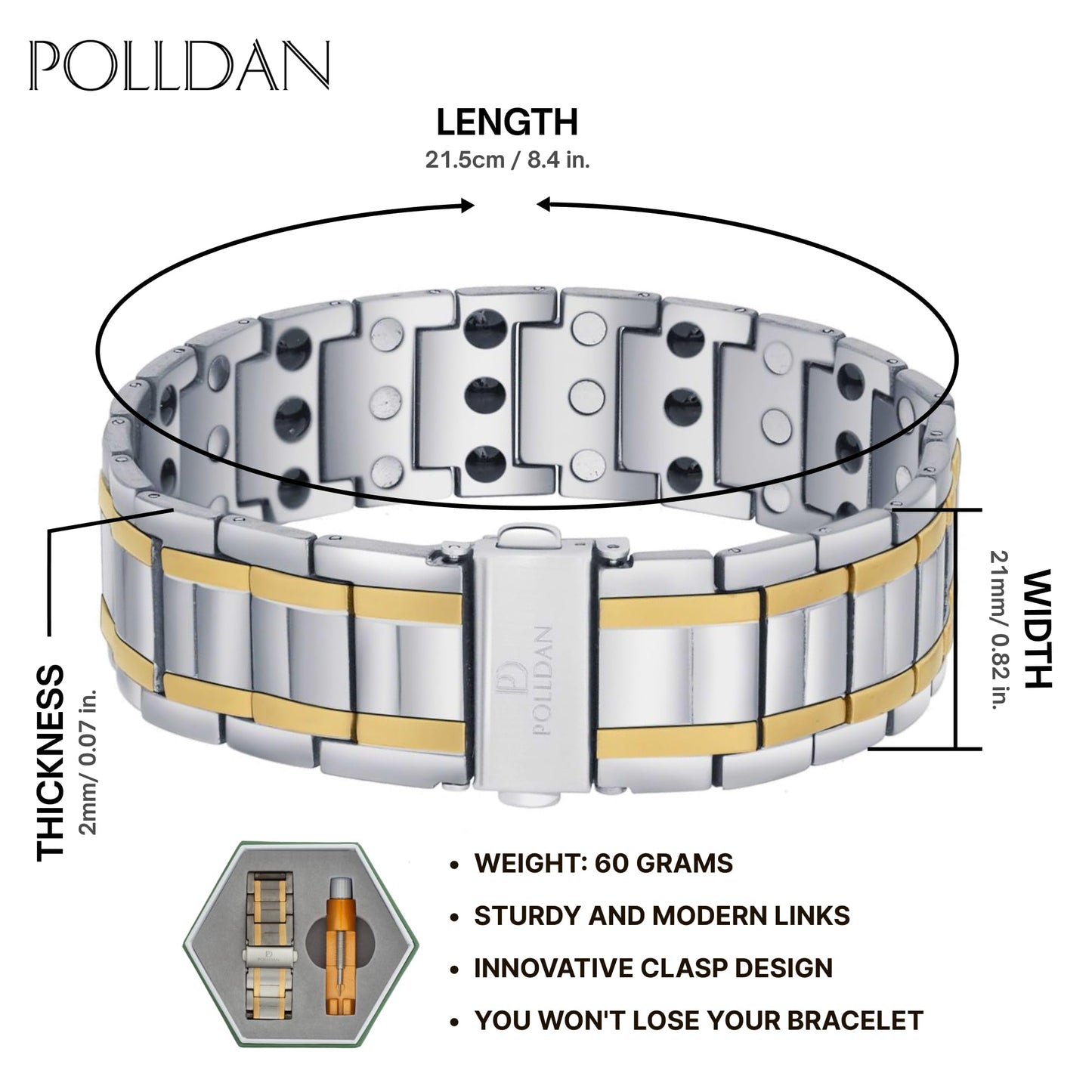 POLLDAN® Mens Magnetic Bracelet with 6200 Gauss Power | 3X Strength Mens Bracelet | Titanium Bracelets for Men with Fold-Over Clasp, Adjustable Length, Gift Box | Mens Wrist Jewelry (Silver&Gold)