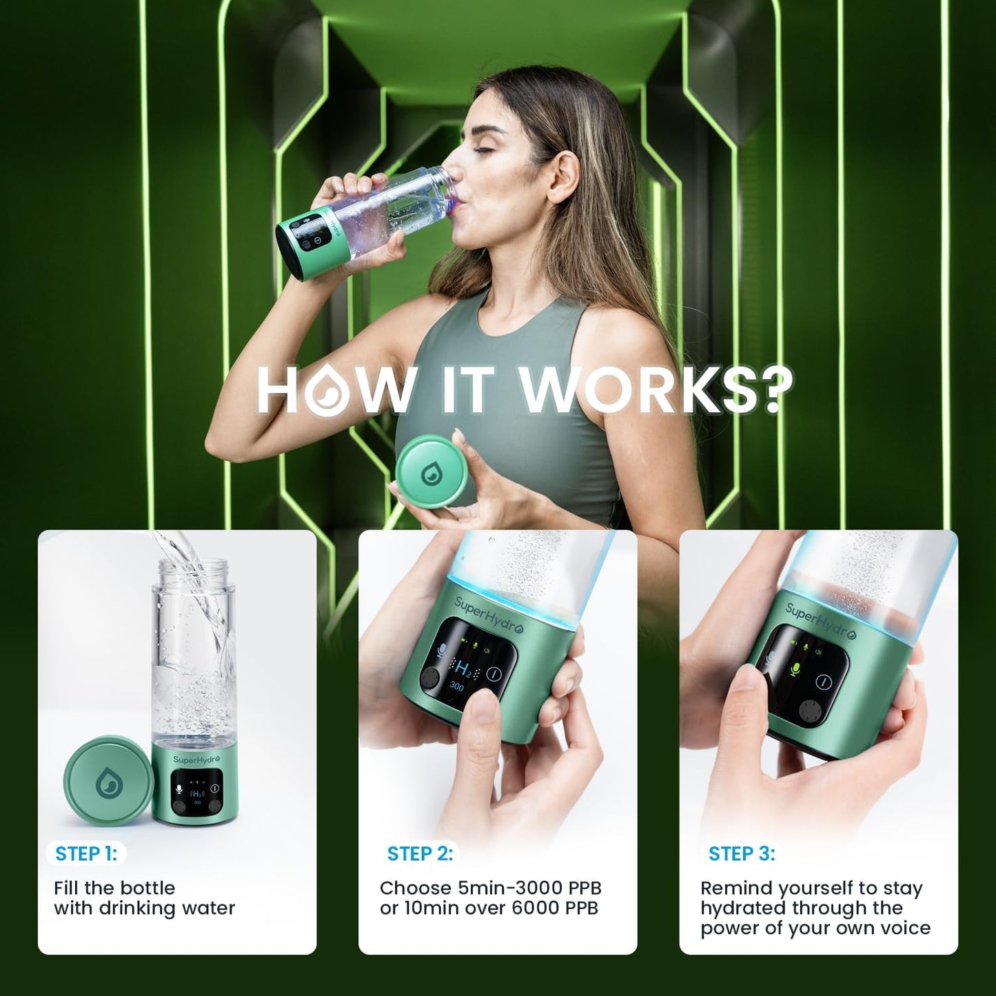 Hydrogen Water Bottle Generator - Up to 6+ PPM Concentration - SPE/PEM Technology - Water Ionizer Machine Suitable for Travel, Daily and Office Drinking - 12oz (Green)