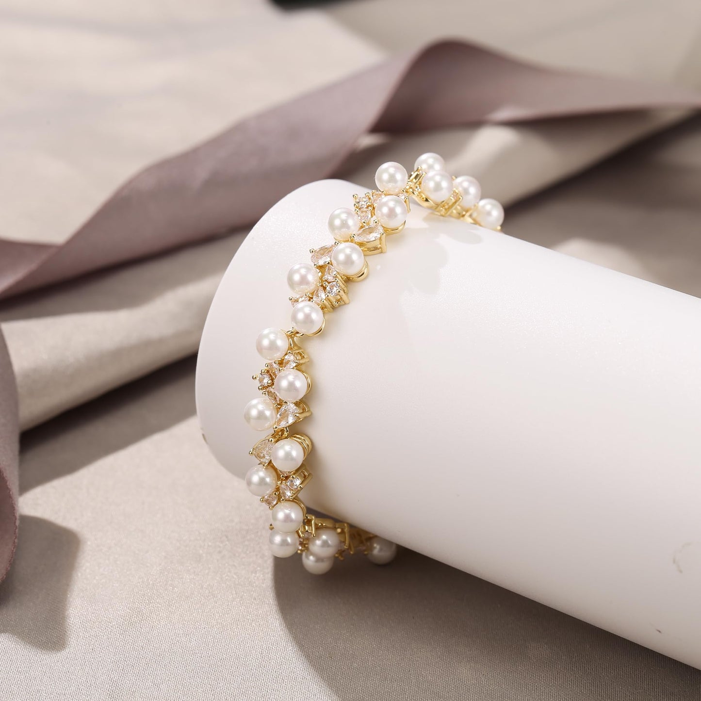 EVER FAITH Gorgeous Cubic Zirconia Wedding Jewelry Bracelet for Bride Bridesmaid, Elegant White Simulated Pearl Teardrop Tennis Bracelets Gift for Women Clear Gold-Plated-Brass