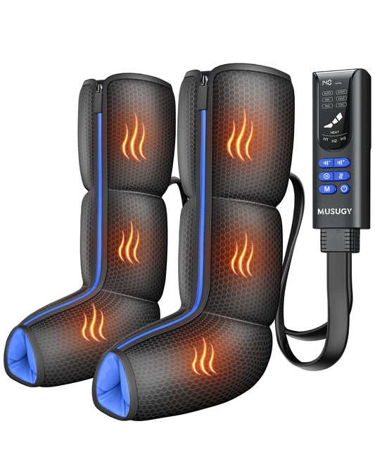 Air Compression Leg Massager with Heat : MUSUGY Sequential Foot and Calf Massager for Circulation and Pain Relief, with 9 Intensity, 6 Modes, 3 Heat - for Mom, Dad, Standing Jobs & Daily Relaxation