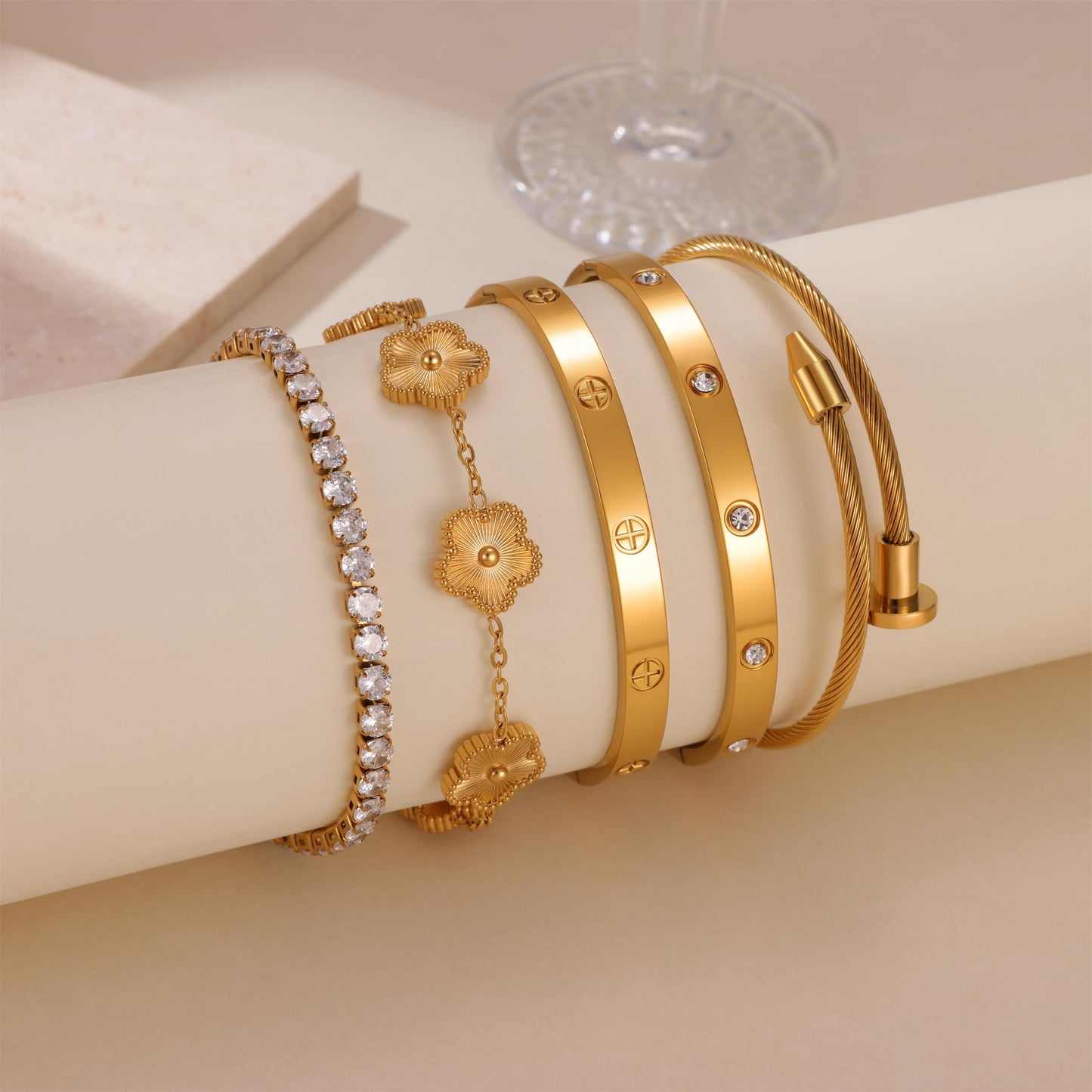 RIVOWMKI 18K Gold Plated Bracelet Set for Women, Sparkling CZ Bangle Adjustable Tennis Bracelet, Stackable Clover Jewelry, Non Tarnish Non Fade Long Lasting Shine for Client Meeting Afternoon Tea