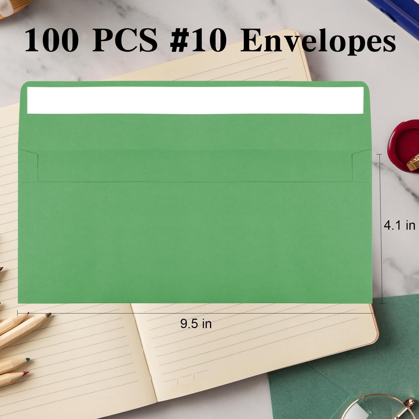 CINSOEN 100 Pack Green #10 Business Envelopes, Standard Envelopes Self Seal, 4 1/8 x 9 1/2 Inch Letter Size Business Mailing Envelopes for Checks Invoices Statements Baby Shower Wedding Birthday