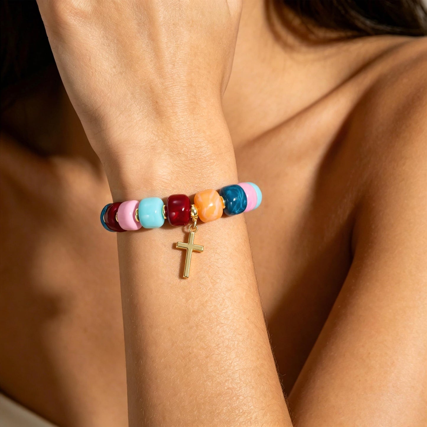 Coprall Colorful Beaded Bracelets Boho Jewelry for Women Multicolor Resin Chunky Cross Bracelet Summer Vacation Outfits Beach Gifts(Cross)
