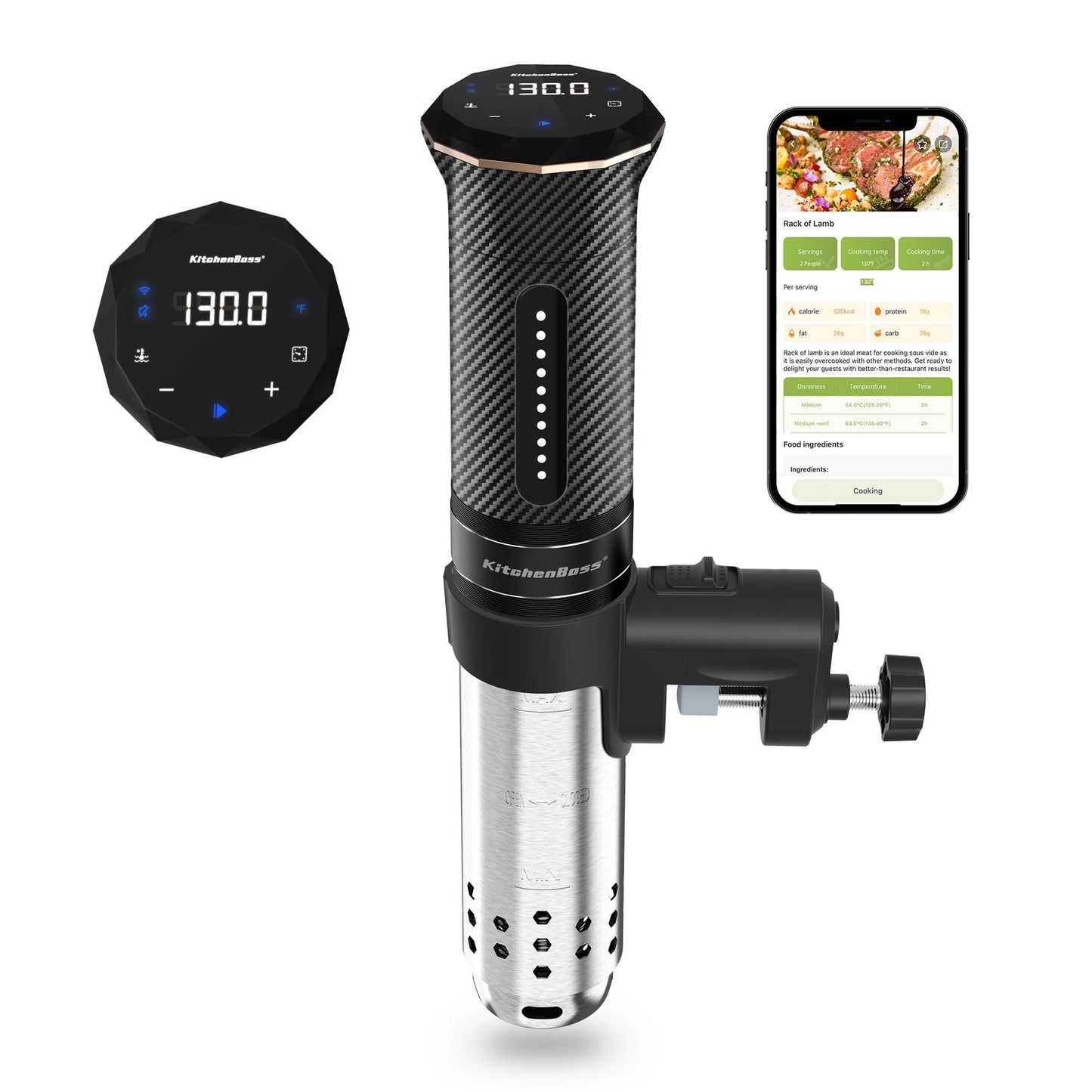 KitchenBoss Wifi Sous Vide Cooker: Ultra-quiet Sous Vide Machine Immersion Circulator APP Control, IPX7 Waterproof All-stainless Steel 1100W Sous Vide Precision Cooker Fast-Heating, Carbon Black