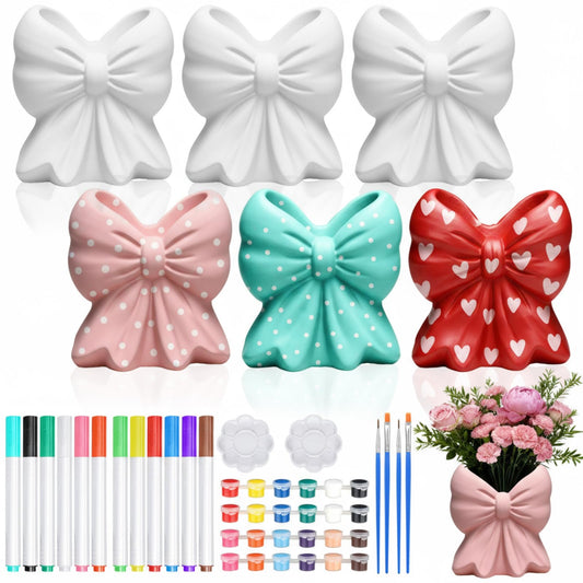 AceOrbit 6 Sets Paint Your Own Coquette Bow Succulent Planter Vase Ceramic Blank Unpainted Flower Pots DIY Paintable Porcelain Vase Kit for Adults Classroom Craft Project Activity Supplies