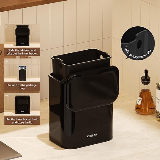 Space Saving Hanging Small Trash Can for Kitchen Cabinet, Bathroom or Office (White，2.1 Gallon (8L))