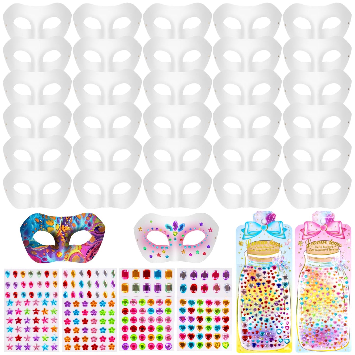 Zeustbonwe 16 pcs Paper Mache Art Masks White Craft Masks with Gem Stickers - DIY Craft Kit for Masquerade Mardi Gras Halloween Cosplay and Party Decorations