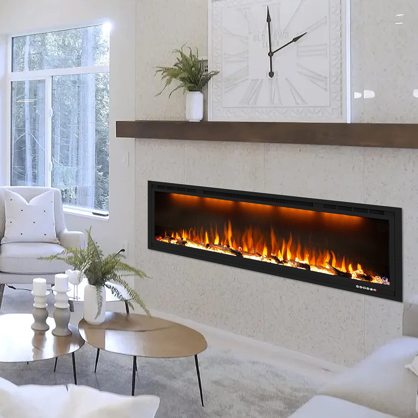 Dreamflame 74 inch Electric Fireplace, Smart Fireplace Insert recessed in Wall and Wall Mounted fire Place Heater with Metal Frame, Multicolor Flame & Realistic logs，Thermostat& Timer, 1500W, Black