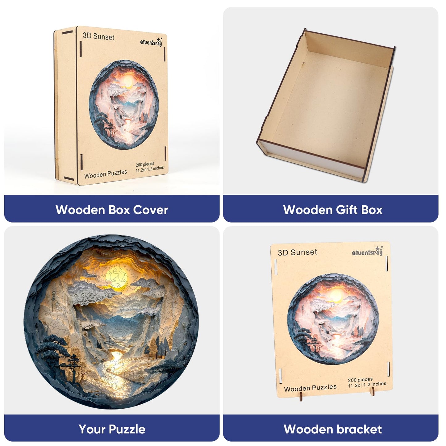 Qiuenisray 3D Vision Effect Sunset Wooden Puzzle 200 Piece, Mountains Rivers Bright Jigsaw Puzzle, FSC Certified Wood Puzzle, Beautiful Wall Decor, Creative Gift Family Game 11.2x11.2 in