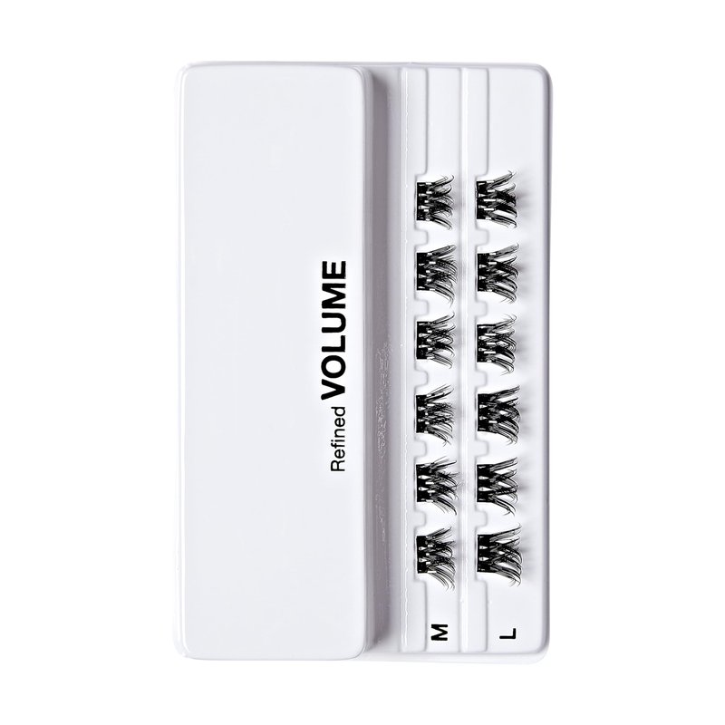 KISS imPRESS Falsies Press On Self Adhesive Eyelashes, 10mm-12mm Glam Volume Press On Lashes, Black, No Glue Needed, Invisible Band, 12 Lash Clusters - Refined (Pack of 2)