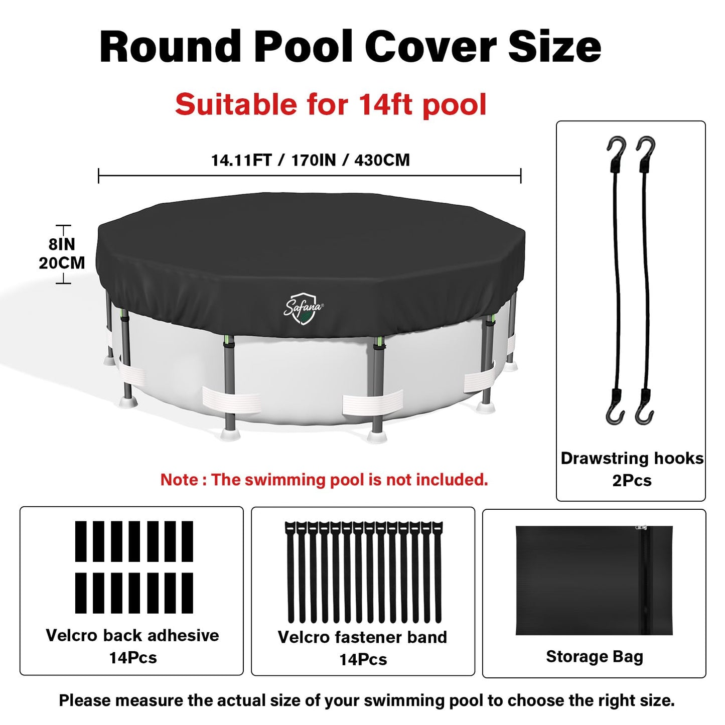 SAFANA 14FT Round Pool Covers for Above Ground Pools, Round Swimming Pool Cover [Upgrade 420D Thicker] Protective Leaf Cover with Reflective Strip, Tear Resistant Durability, UV Resistance, Black