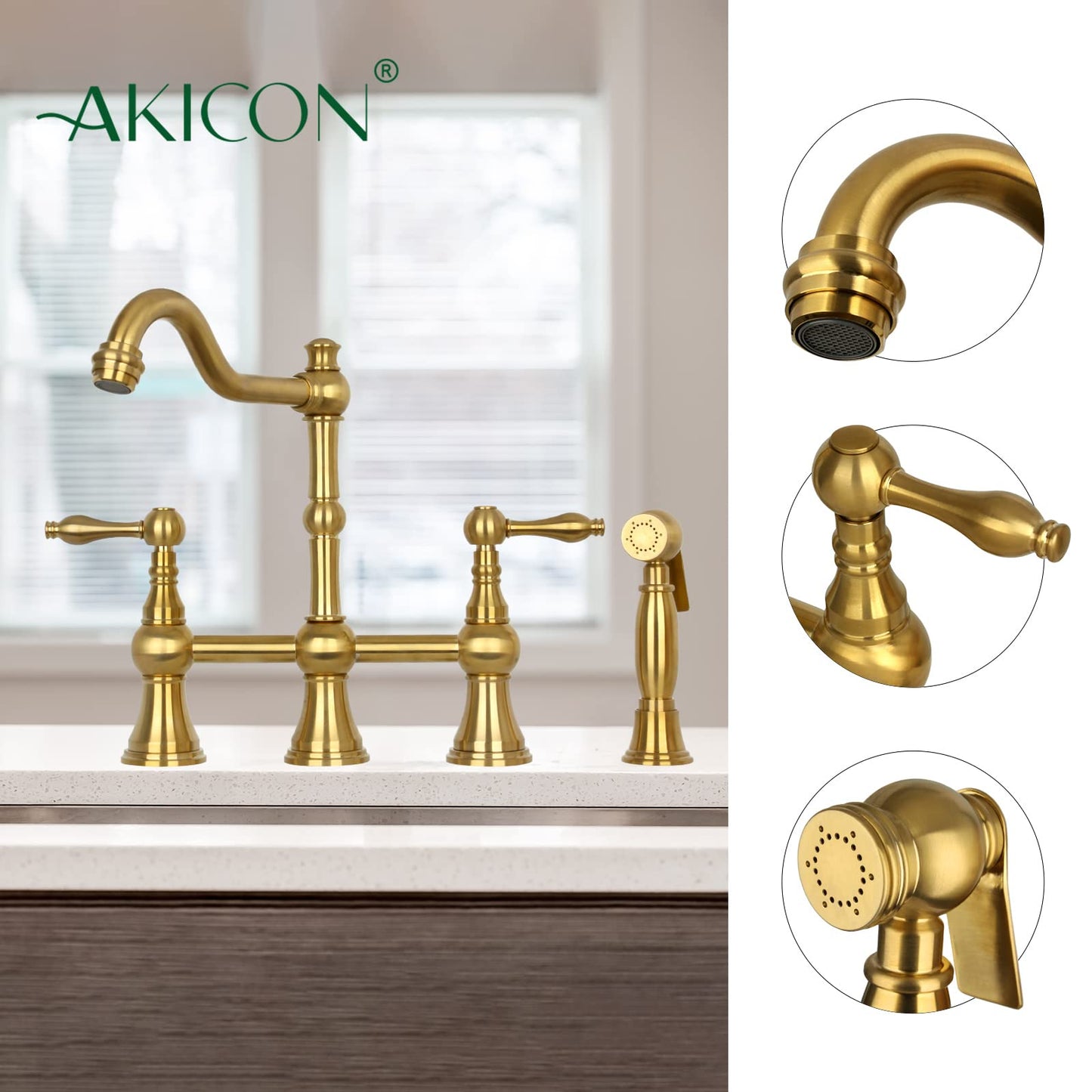 Akicon Two-Handles Bridge Kitchen Faucet with Side Sprayer (Brushed Gold)