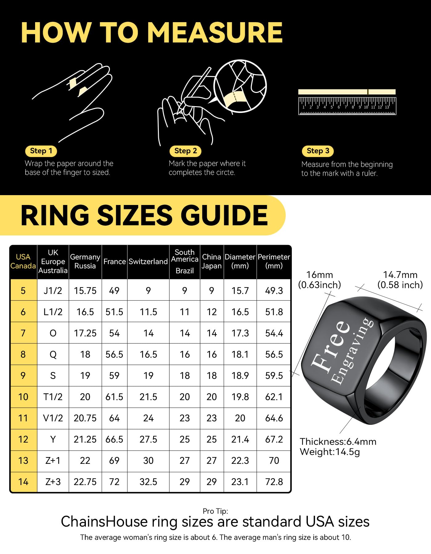 Black Personalized Signet Rings for Men Women Solid Polished Stainless Steel Biker Ring Size 14