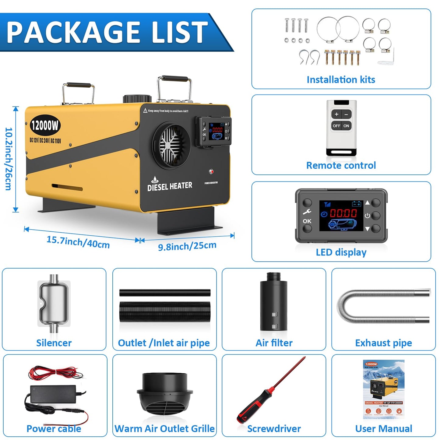 12000W Diesel Heater, 110V/24V/12V Ultra Parking Heater with Remote Control and LCD Display, 2025 Upgraded All-in-One Instant Heat Low Noise for RV Truck Boat Bus Home Shop(NO Ticking)