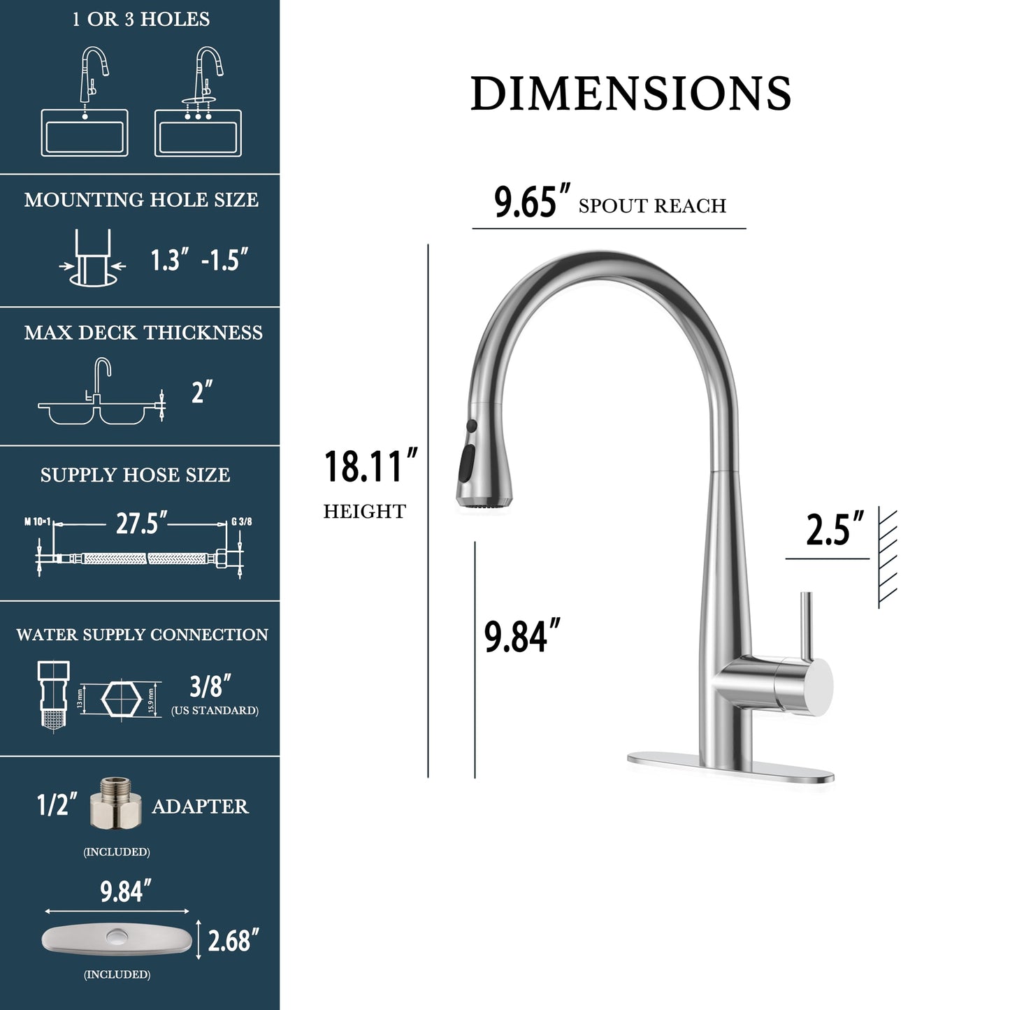 PureTap High Arc Pull Out Kitchen Faucet, Brushed Nickel Faucet, 1 or 3 Holes Kitchen Sink Bar Faucets with Pull Down Sprayer
