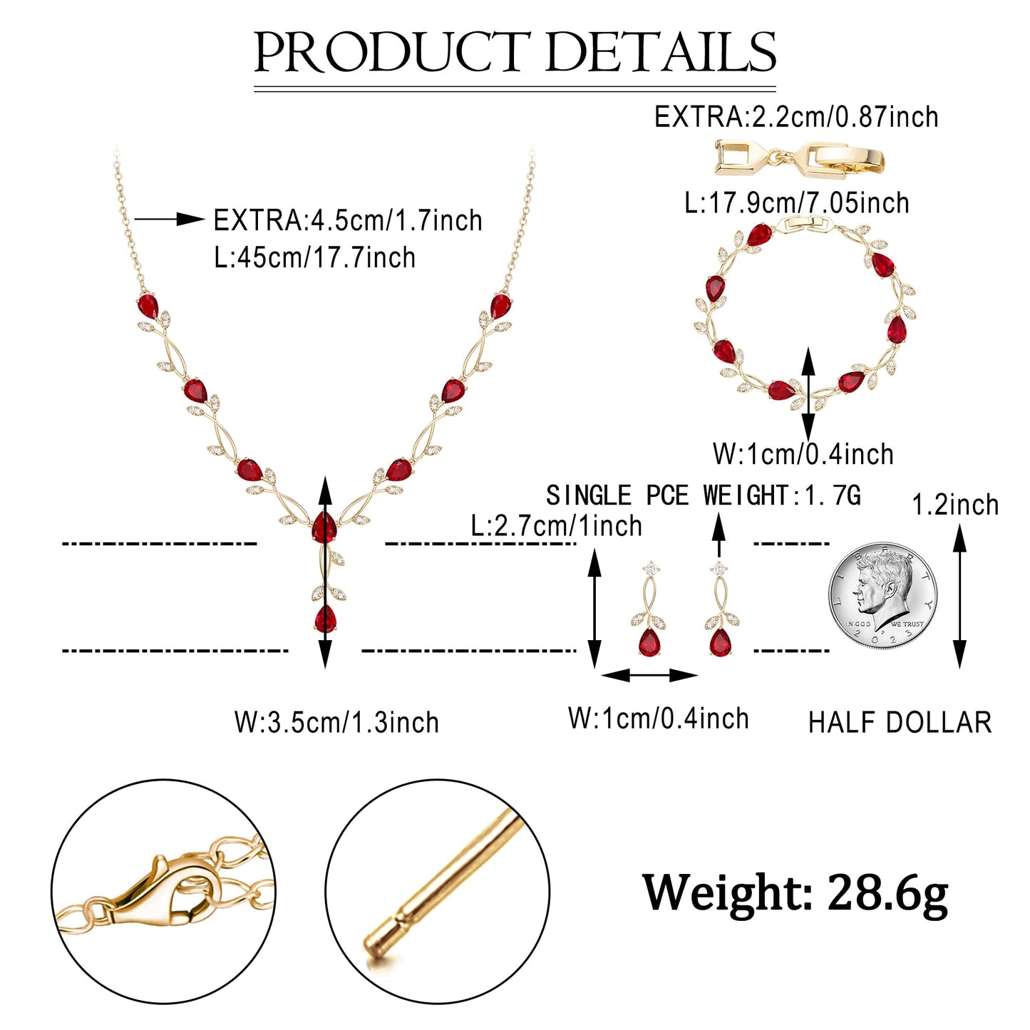 EVER FAITH Wedding Party Jewelry Set for Women, Red Teardrop Cubic Zirconia Gold-Plated-Brass Leaf Costume Prom Necklace Earrings Bracelet Sets Gift for Mother Friend Wife Daughter Sister