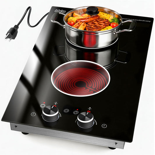 JollyOne 2 Burners Electric Cooktop 12 Inch, 1800W Knob Control Electric Stove Top Burner Hot Plate, 110V-120V Bulit-in & Countertop Ceramic Radiant Stove with Timer, Multi-Ring Control