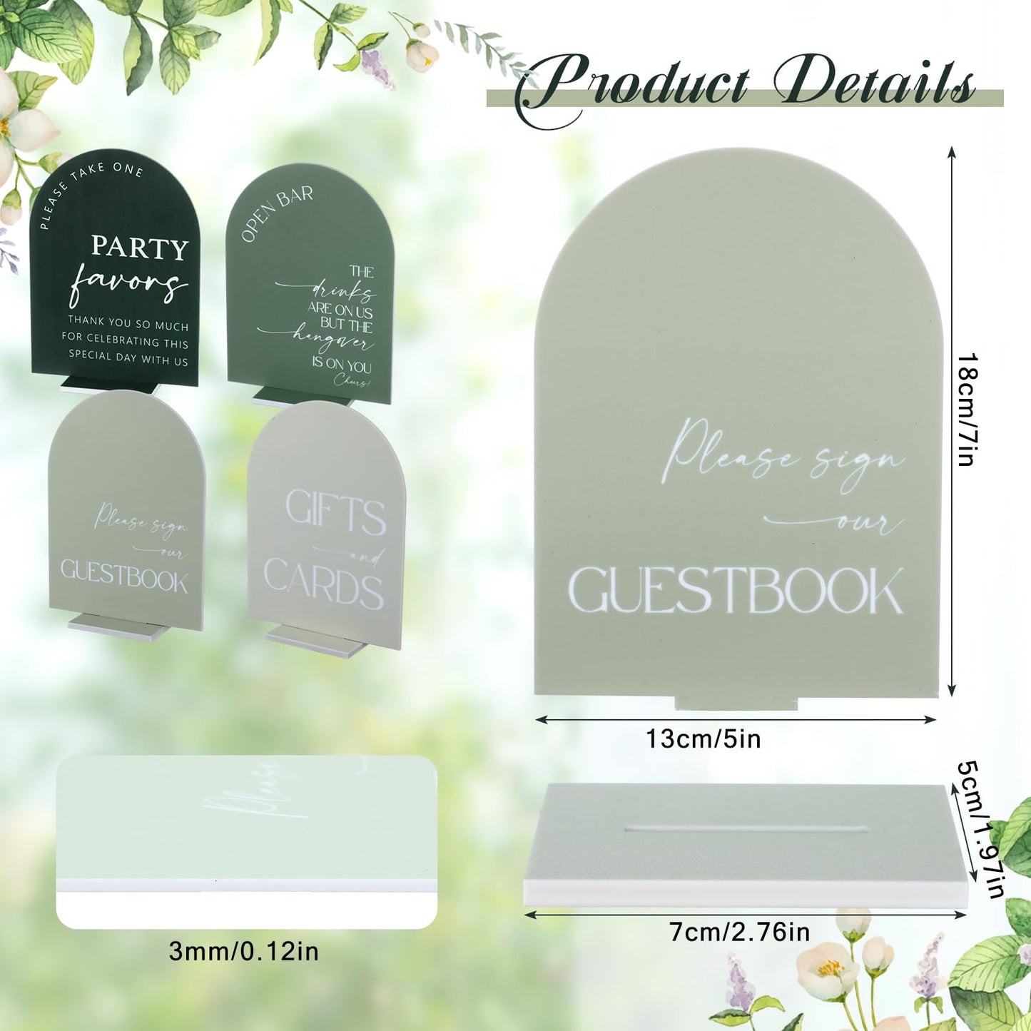 Weysat 4 Pcs Acrylic Wedding Signs for Ceremony and Reception, 5x7 Inch Sage Green Wedding Signage Decor with Stand, Guest Book, Cards and Gifts, Open Bar, Favor Signs for Marriage Memorial Ceremony