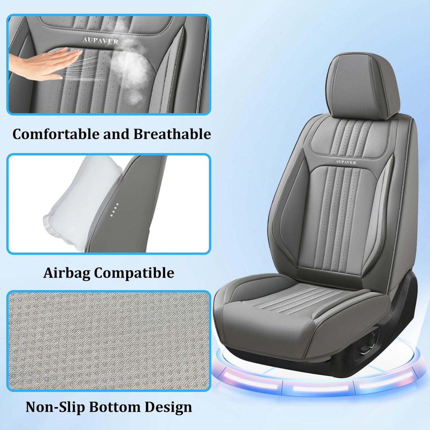Aupaver Seat Covers, Waterproof Car Seat Cover for Cars 5 Seats, Universal Leather Seat Covers, Front & Rear Automotive Seat Covers Car Seat Cushion, Leatherette Seat Protector for Most Cars, Gray