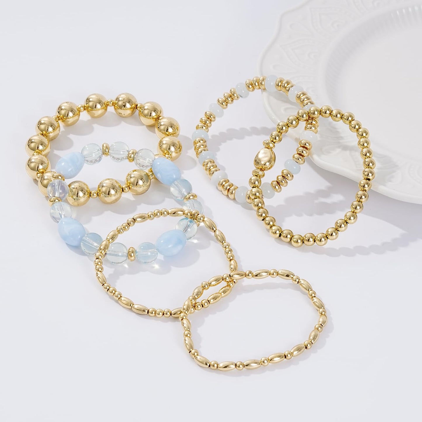 Sajidos Gold Beaded Bracelets for Women Trendy, 14K Gold Plated Stack Cross Pearl Gold Bead Stretch Bracelets Set Elastic Hypoallergenic Bracelets Jewelry Gifts (style10)