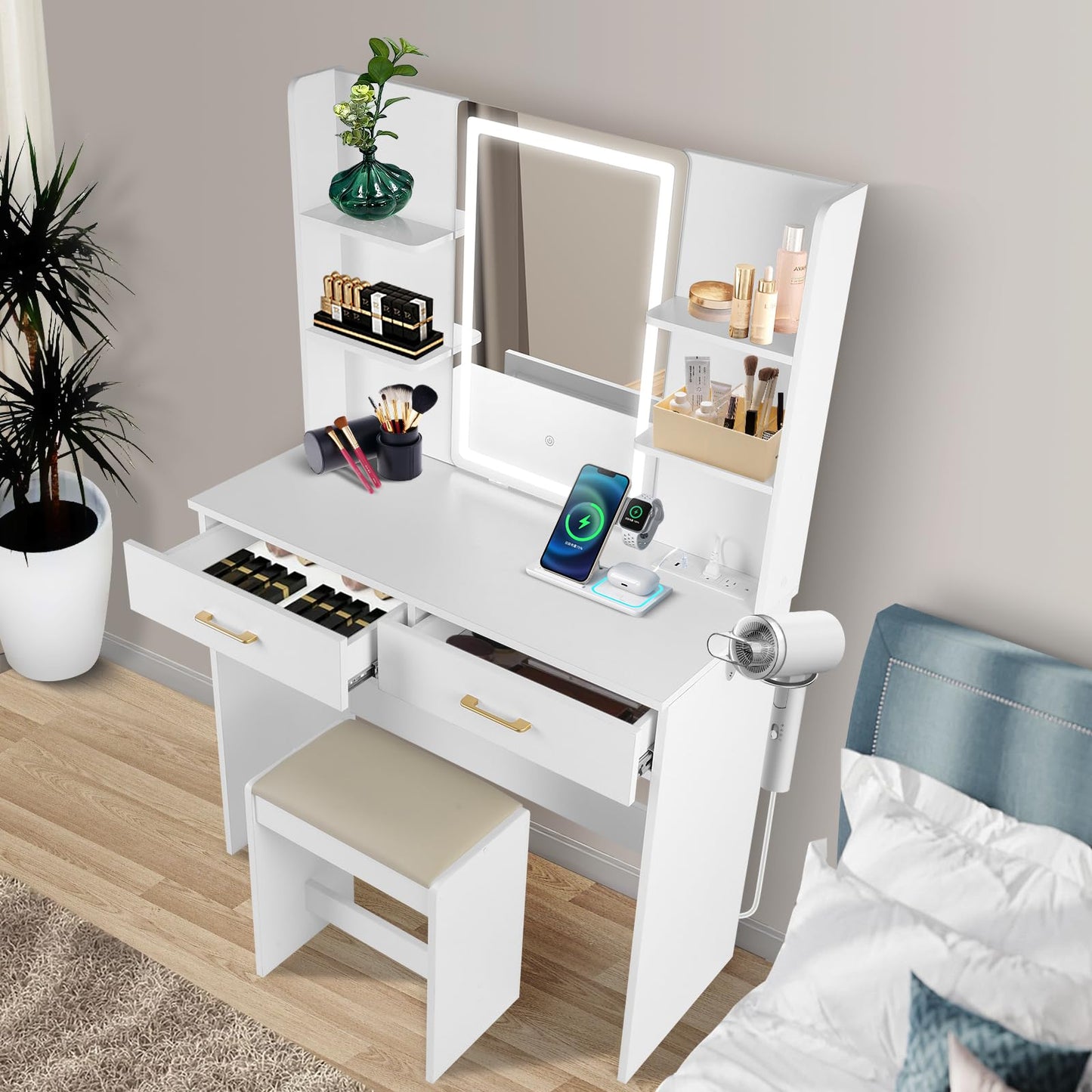 QUALIKRAFT White Vanity Set with LED Mirror & Stool, Makeup Desk with Built-in Power Outlet (2 AC & 2 USB), 2 Large Drawers & 6 Shelves, Lighted Dressing Table for Bedroom Organization