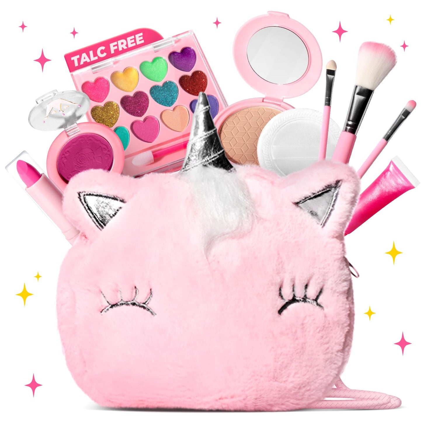 ULOVEME Mica-Based Kids Makeup, Talc Free Real Makeup Kit for Girls with Fluffy Purse - Hypoallergenic Makeup for Sensitive Skin Kids - Non Toxic & Washable - Gift for 5 -8 Years Old Girls Birthday